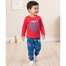 Babyhug Cotton Knit Full Sleeves Text Printed T-Shirt & Pyjama Night Suit - Red & Blue