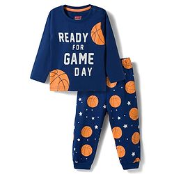 Babyhug Cotton Knit Full Sleeves T-Shirt & Pyjama Night Suit with Basketball Print - Navy Blue