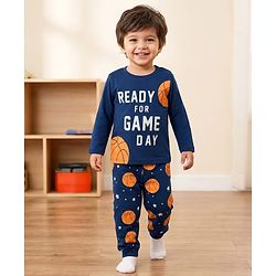 Babyhug Cotton Knit Full Sleeves T-Shirt & Pyjama Night Suit with Basketball Print - Navy Blue