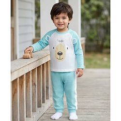 Babyhug Cotton Knit Full Raglan Sleeves T-Shirt & Pyjama Night Suit With Animal Print - Light Blue