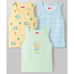 Babyhug 100% Cotton Knit Sleeveless Sando Vests with Car & Teddy Print Pack of 3 - Multicolor