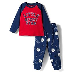 Babyhug Cotton Knit Full Raglan Sleeves Sports Printed T-Shirt & Pyjama Night Suit - Red