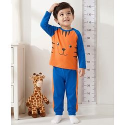 Babyhug Cotton Knit Raglan Full Sleeves T-Shirt & Pyjama Night-Suit With Tiger Print - Orange & Blue