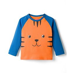 Babyhug Cotton Knit Raglan Full Sleeves T-Shirt & Pyjama Night-Suit With Tiger Print - Orange & Blue