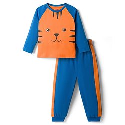 Babyhug Cotton Knit Raglan Full Sleeves T-Shirt & Pyjama Night-Suit With Tiger Print - Orange & Blue