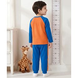 Babyhug Cotton Knit Raglan Full Sleeves T-Shirt & Pyjama Night-Suit With Tiger Print - Orange & Blue