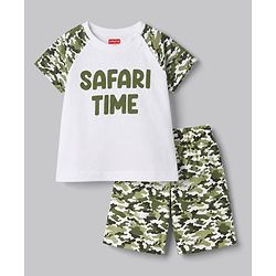 Babyhug Cotton Knit Half Raglan Sleeves Safari Theme & Camouflage Printed T-Shirt & Shorts Night Suit - White & Olive Green