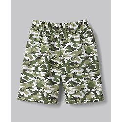Babyhug Cotton Knit Half Raglan Sleeves Safari Theme & Camouflage Printed T-Shirt & Shorts Night Suit - White & Olive Green