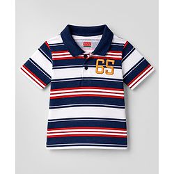 Babyhug Cotton Knit Striped Polo T-Shirt with Number Embroidered  - Navy