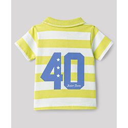 Babyhug 100% Cotton Knit Half Sleeves Striped Polo T-Shirt With Sports Theme Front & Back Print - Multicolor