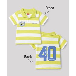 Babyhug 100% Cotton Knit Half Sleeves Striped Polo T-Shirt With Sports Theme Front & Back Print - Multicolor