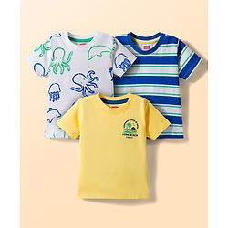 Babyhug Cotton Knit Half Sleeves Striped T-Shirts with Beach Theme Print Pack of 3 - Multicolor