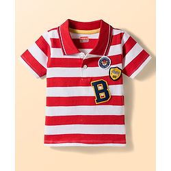Babyhug Cotton Knit Half Sleeves Striped Polo T-Shirt with Patch Detailing - Multicolor