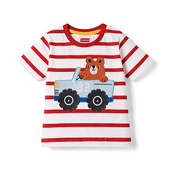 Babyhug Cotton Knit Half Sleeves Striped Tee with Graphics Multi Color 6-9 Months