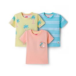 Babyhug Cotton Knit Half Sleeves Striped T-Shirts with Beach Theme Graphic Pack of 3 - Multicolor
