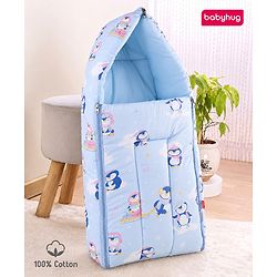 Babyhug 100% Cotton Sleeping Bag cum Carry Nest Penguin Print - Blue| Soft & Cozy| Light Weight & Easy to Carry| Travel Friendly| Easy Zipper Closure| New Born Essential| Washable| Gifting Option