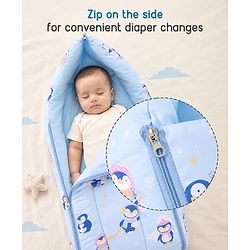 Babyhug 100% Cotton Sleeping Bag cum Carry Nest Penguin Print - Blue| Soft & Cozy| Light Weight & Easy to Carry| Travel Friendly| Easy Zipper Closure| New Born Essential| Washable| Gifting Option