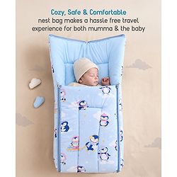 Babyhug 100% Cotton Sleeping Bag cum Carry Nest Penguin Print - Blue| Soft & Cozy| Light Weight & Easy to Carry| Travel Friendly| Easy Zipper Closure| New Born Essential| Washable| Gifting Option