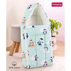 Babyhug 100% Cotton Sleeping Bag cum Carry Nest Penguin Print - Blue| Soft & Cozy| Light Weight & Easy to Carry| Travel Friendly| Easy Zipper Closure| New Born Essential| Washable| Gifting Option