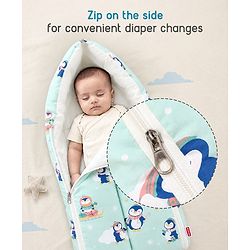 Babyhug 100% Cotton Sleeping Bag cum Carry Nest Penguin Print - Blue| Soft & Cozy| Light Weight & Easy to Carry| Travel Friendly| Easy Zipper Closure| New Born Essential| Washable| Gifting Option