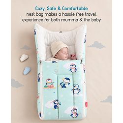 Babyhug 100% Cotton Sleeping Bag cum Carry Nest Penguin Print - Blue| Soft & Cozy| Light Weight & Easy to Carry| Travel Friendly| Easy Zipper Closure| New Born Essential| Washable| Gifting Option