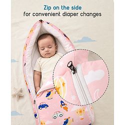 Babyhug 100% Cotton Sleeping Bag cum Carry Nest Penguin Print - Blue| Soft & Cozy| Light Weight & Easy to Carry| Travel Friendly| Easy Zipper Closure| New Born Essential| Washable| Gifting Option