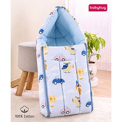 Babyhug 100% Cotton Sleeping Bag cum Carry Nest Penguin Print - Blue| Soft & Cozy| Light Weight & Easy to Carry| Travel Friendly| Easy Zipper Closure| New Born Essential| Washable| Gifting Option