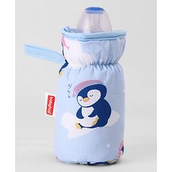 Babyhug Bottle Cover Medium Penguin Print - Blue| 0-24 Months| Fits Upto 200 ml Bottle| Soft Cotton Sleeve| Elastic Neck & Carry Loop| Machine Washable| for All Standard Bottles