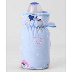 Babyhug Bottle Cover Medium Penguin Print - Blue| 0-24 Months| Fits Upto 200 ml Bottle| Soft Cotton Sleeve| Elastic Neck & Carry Loop| Machine Washable| for All Standard Bottles
