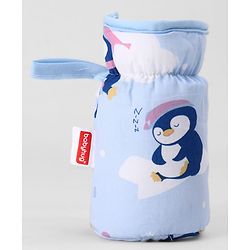 Babyhug Bottle Cover Medium Penguin Print - Blue| 0-24 Months| Fits Upto 200 ml Bottle| Soft Cotton Sleeve| Elastic Neck & Carry Loop| Machine Washable| for All Standard Bottles