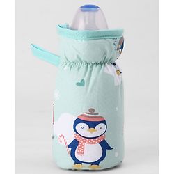 Babyhug Bottle Cover Medium Penguin Print - Green| 0-24 Months| Fits Upto 200 ml Bottle| Soft Cotton Sleeve| Elastic Neck & Carry Loop| Machine Washable| for All Standard Bottles