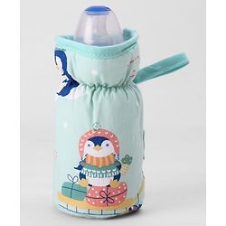 Babyhug Bottle Cover Medium Penguin Print - Green| 0-24 Months| Fits Upto 200 ml Bottle| Soft Cotton Sleeve| Elastic Neck & Carry Loop| Machine Washable| for All Standard Bottles