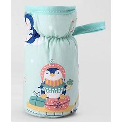 Babyhug Bottle Cover Medium Penguin Print - Green| 0-24 Months| Fits Upto 200 ml Bottle| Soft Cotton Sleeve| Elastic Neck & Carry Loop| Machine Washable| for All Standard Bottles
