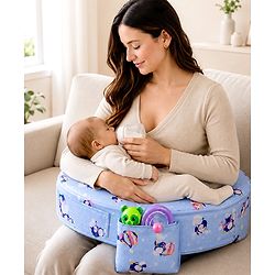 Babyhug Cotton Feeding Pillow With Belt Penguin Print - Blue | Fits upto waist size 36 inches
