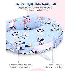 Babyhug Cotton Feeding Pillow With Belt Penguin Print - Blue | Fits upto waist size 36 inches