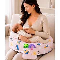 Babyhug Cotton Feeding Pillow With Belt Transport Print - Peach | Fits upto waist size 36 inches