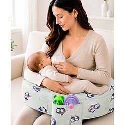 Babyhug Cotton Feeding Pillow With Belt Penguin Print - Green | Fits upto waist size 36 inches