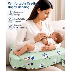 Babyhug Cotton Feeding Pillow With Belt Penguin Print - Green | Fits upto waist size 36 inches