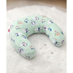 Babyhug 100% Cotton Feeding Pillow - Penguin Print - Green|Fits upto waist size 36 inches| Soft Support Cushion| For Breastfeeding| Removable Washable Cover| Full Body Support| Helps Maintain Posture