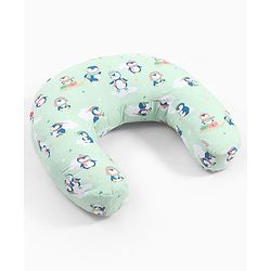 Babyhug 100% Cotton Feeding Pillow - Penguin Print - Green|Fits upto waist size 36 inches| Soft Support Cushion| For Breastfeeding| Removable Washable Cover| Full Body Support| Helps Maintain Posture