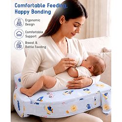 Babyhug Cotton Feeding Pillow With Belt Transport Print - Blue | Fits upto waist size 36 inches
