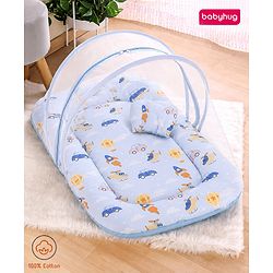 Babyhug Premium 100% Cotton Mattress Set with Mosquito Net & Pillow  Transport Print Blue| Soft Cushioned Bedding | 0-12 Months| New Born Essential| Easy Zipper Closure| Foldable & Travel-Friendly