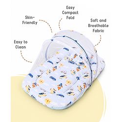 Babyhug Premium 100% Cotton Mattress Set with Mosquito Net & Pillow  Transport Print Blue| Soft Cushioned Bedding | 0-12 Months| New Born Essential| Easy Zipper Closure| Foldable & Travel-Friendly