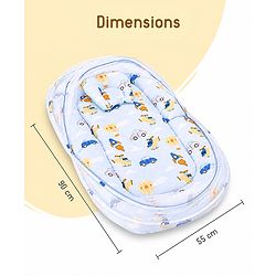 Babyhug Premium 100% Cotton Mattress Set with Mosquito Net & Pillow  Transport Print Blue| Soft Cushioned Bedding | 0-12 Months| New Born Essential| Easy Zipper Closure| Foldable & Travel-Friendly