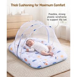 Babyhug Premium 100% Cotton Mattress Set with Mosquito Net & Pillow  Transport Print Blue| Soft Cushioned Bedding | 0-12 Months| New Born Essential| Easy Zipper Closure| Foldable & Travel-Friendly