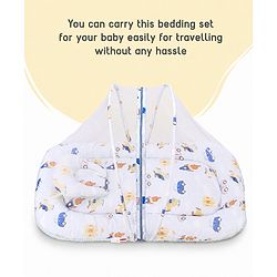 Babyhug Premium 100% Cotton Mattress Set with Mosquito Net & Pillow  Transport Print Blue| Soft Cushioned Bedding | 0-12 Months| New Born Essential| Easy Zipper Closure| Foldable & Travel-Friendly