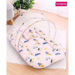 Babyhug Premium 100% Cotton Mattress Set with Mosquito Net & Pillow  Transport Print Blue| Soft Cushioned Bedding | 0-12 Months| New Born Essential| Easy Zipper Closure| Foldable & Travel-Friendly