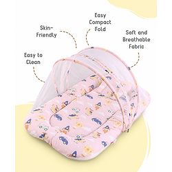 Babyhug Premium 100% Cotton Mattress Set with Mosquito Net & Pillow  Transport Print Blue| Soft Cushioned Bedding | 0-12 Months| New Born Essential| Easy Zipper Closure| Foldable & Travel-Friendly