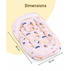 Babyhug Premium 100% Cotton Mattress Set with Mosquito Net & Pillow  Transport Print Blue| Soft Cushioned Bedding | 0-12 Months| New Born Essential| Easy Zipper Closure| Foldable & Travel-Friendly