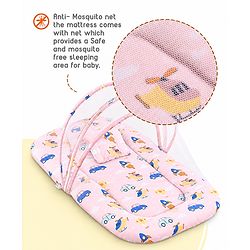 Babyhug Premium 100% Cotton Mattress Set with Mosquito Net & Pillow  Transport Print Blue| Soft Cushioned Bedding | 0-12 Months| New Born Essential| Easy Zipper Closure| Foldable & Travel-Friendly